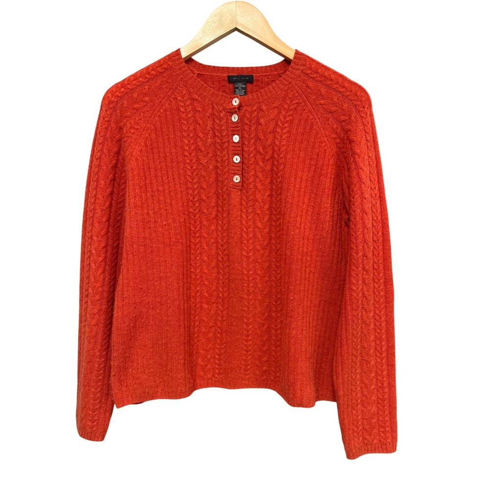 Only Mine 100% Cashmere Sweater Women XL Orange Cable Knit Henley Minimalist EUC